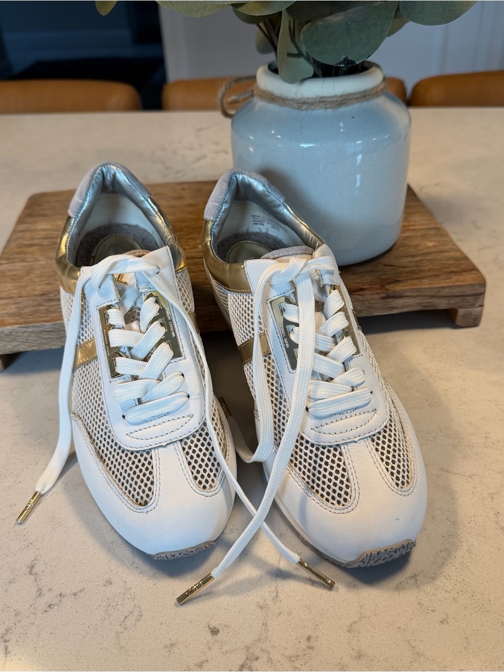 Michael Kors White and Gold Lace-Up Mesh Sneakers
